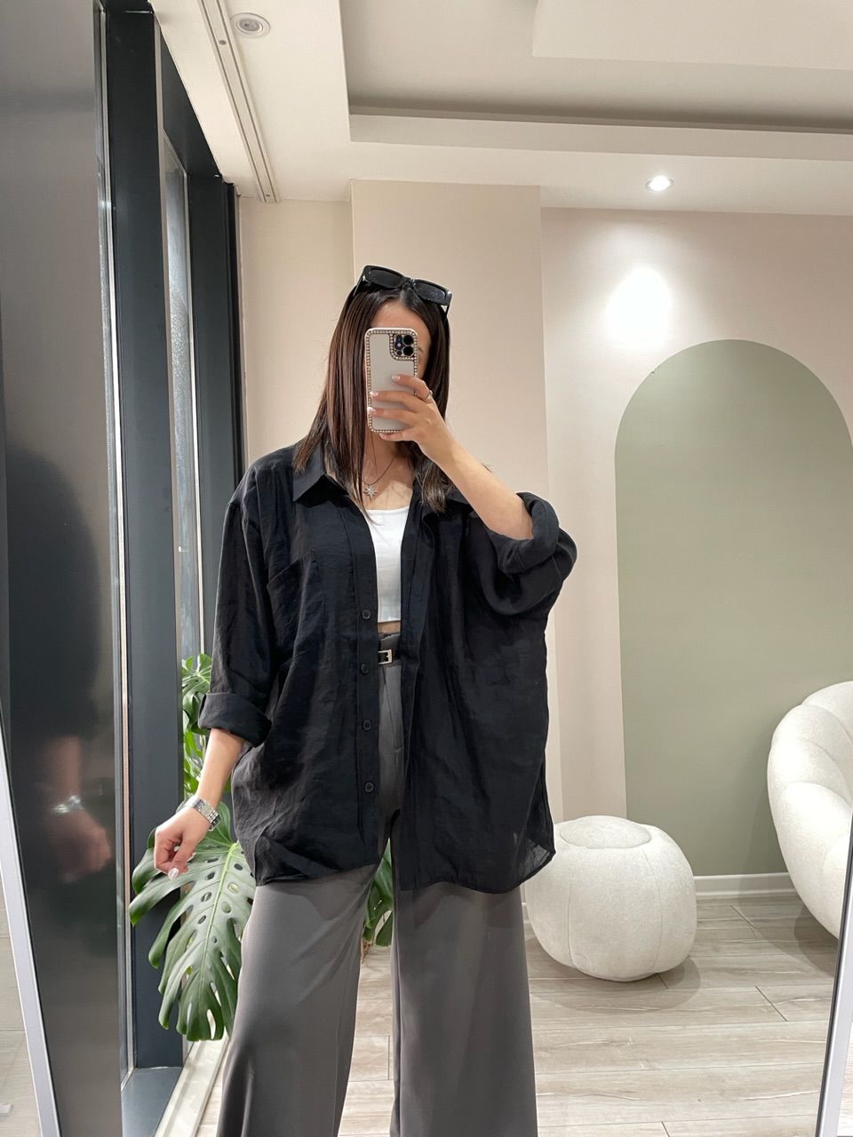 Tensel Kumaş Oversize Yaz Gömleği Siyah