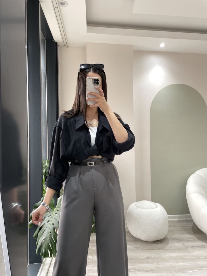 Tensel Kumaş Oversize Yaz Gömleği Siyah