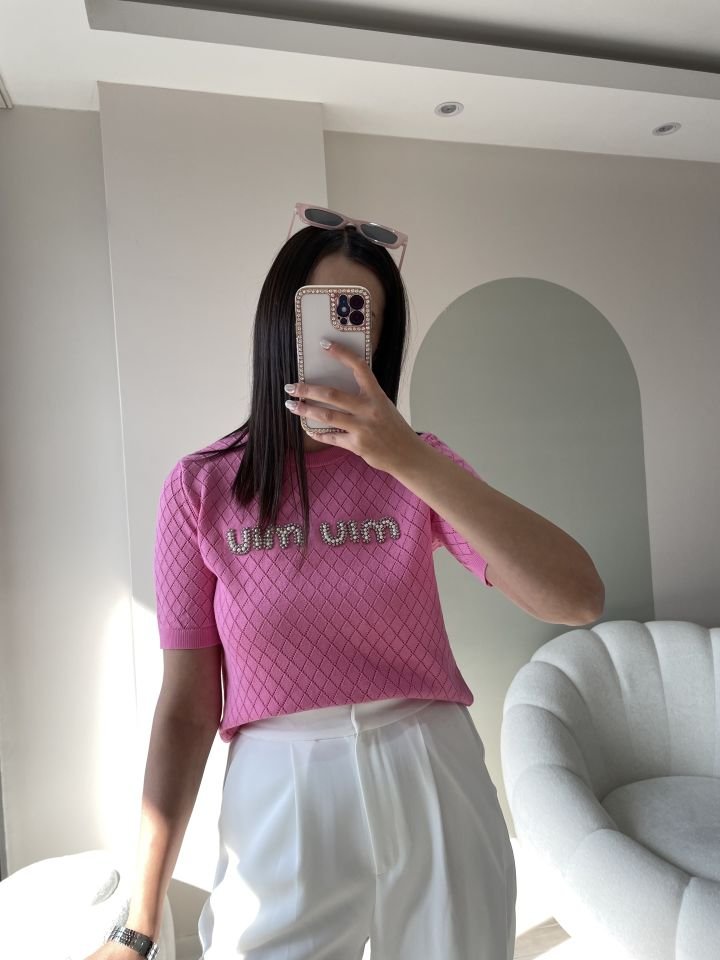 Miu Taş İşlemeli Tshirt Pembe