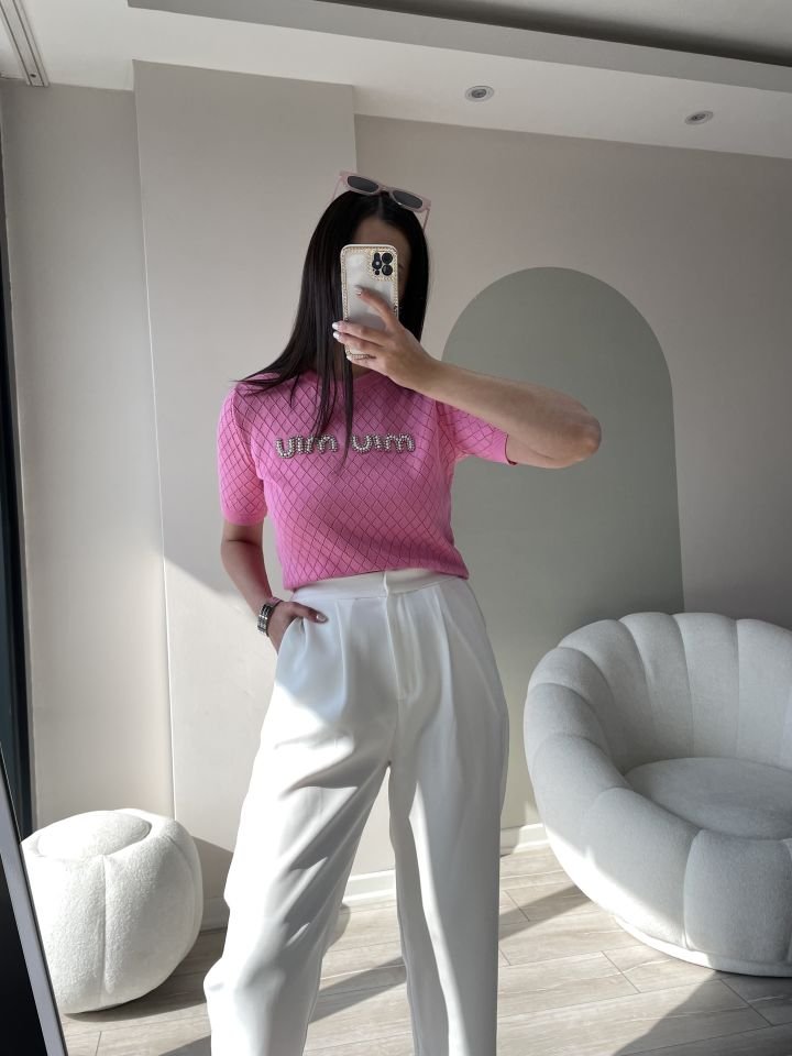 Miu Taş İşlemeli Tshirt Pembe
