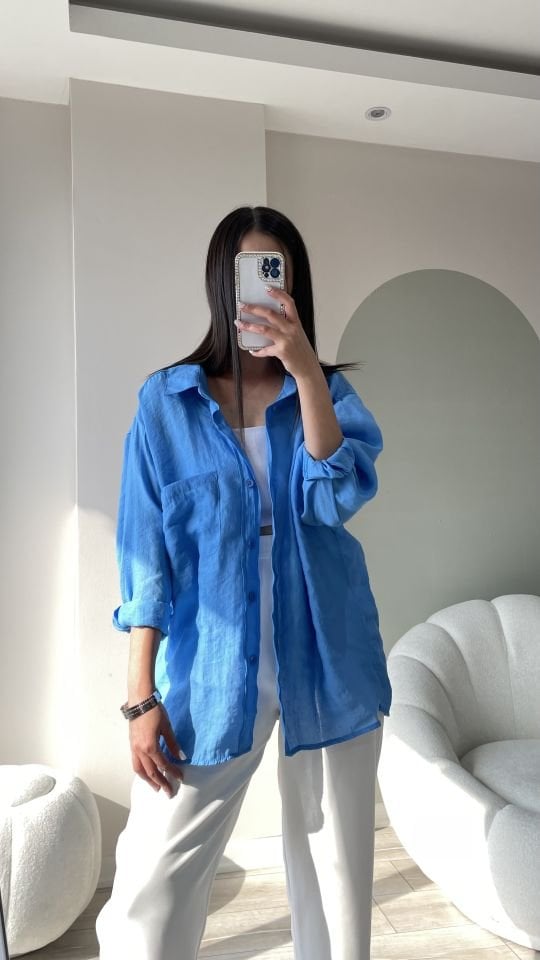 Tensel Kumaş Oversize Yaz Gömleği Mavi