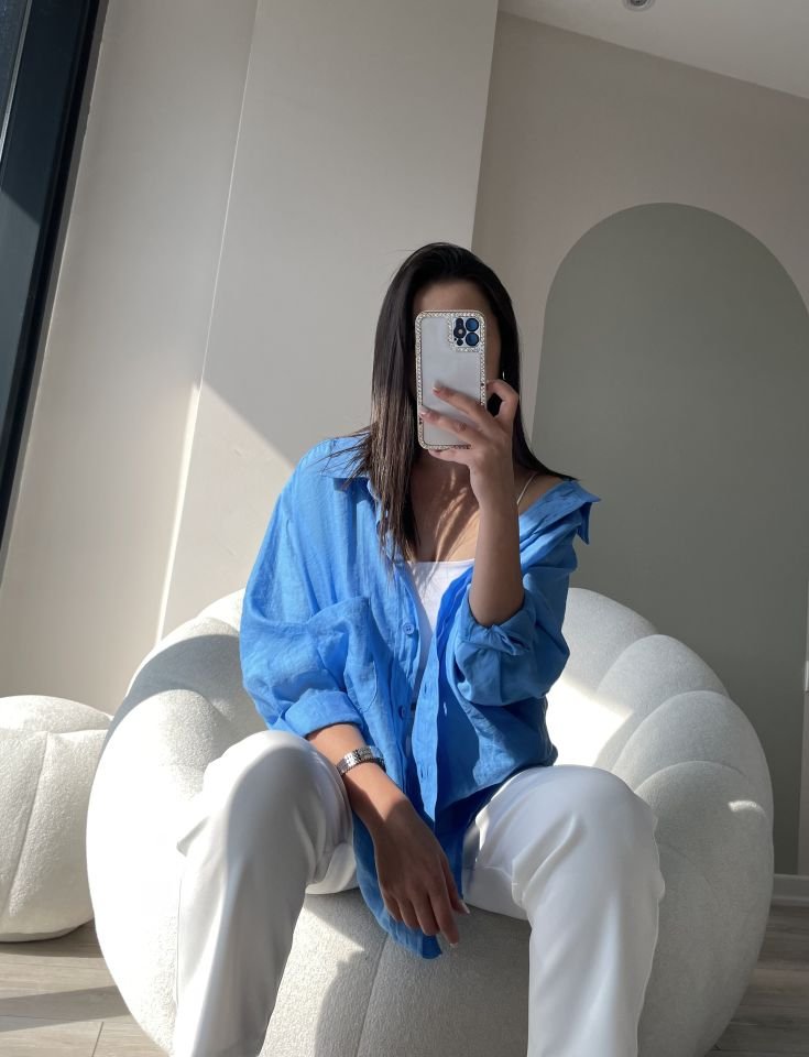 Tensel Kumaş Oversize Yaz Gömleği Mavi