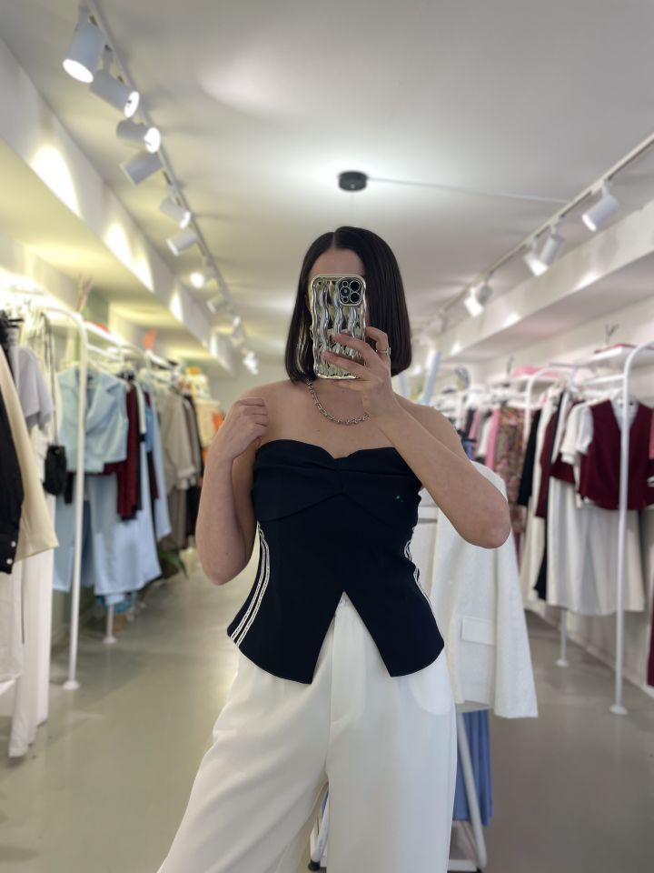 Straplez Yazı Şerit Detaylı Bluz Lacivert