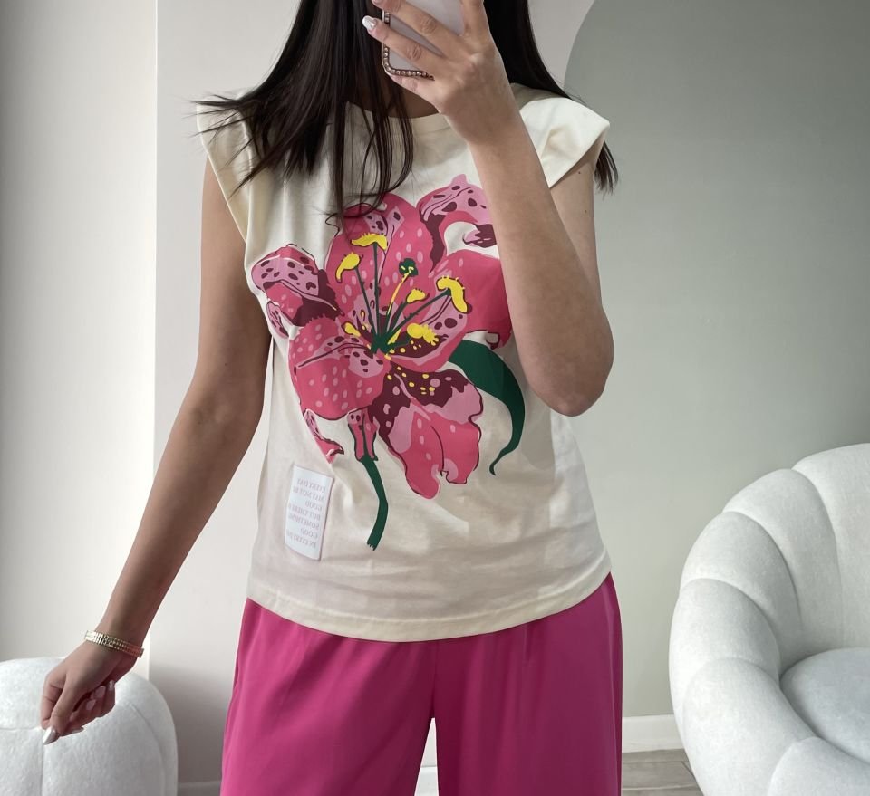Desenli Tshirt Krem