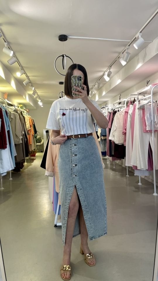 Yırtmaçlı Denim Etek