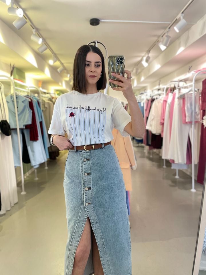 Yırtmaçlı Denim Etek