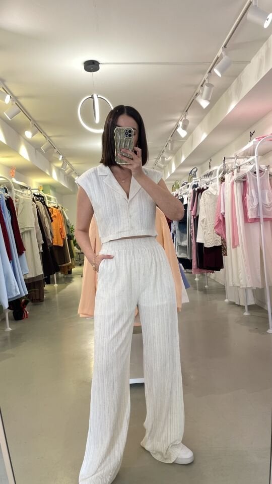 Crop Gömlek Pantolon Takım Ekru