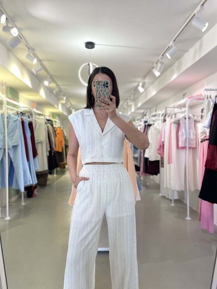 Crop Gömlek Pantolon Takım Ekru