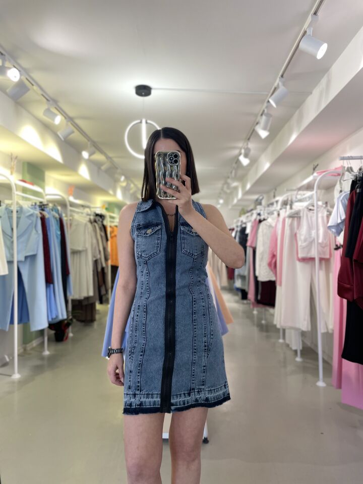 Fermuarlı Denim Elbise
