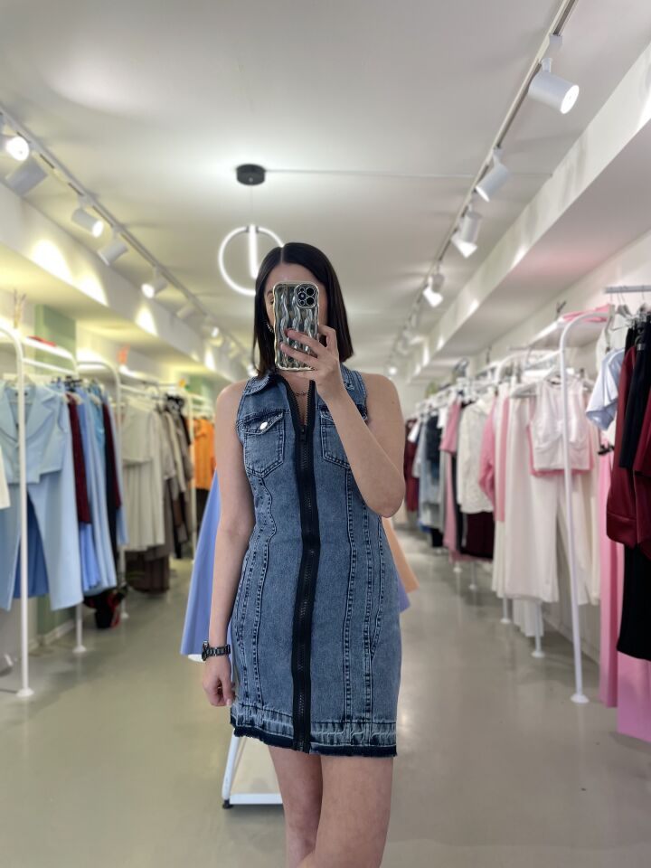 Fermuarlı Denim Elbise