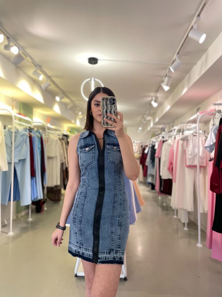 Fermuarlı Denim Elbise