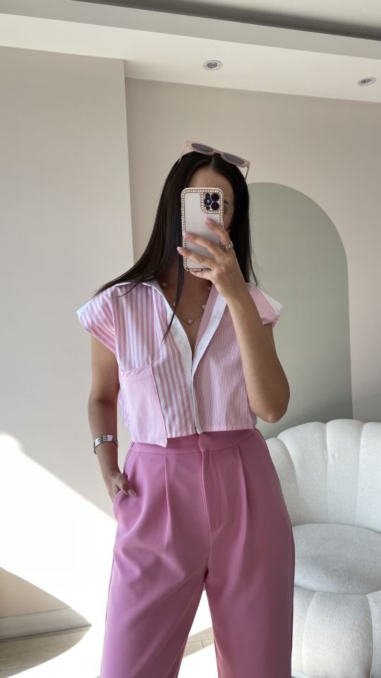 Crop Gömlek Cep Detaylı Pembe