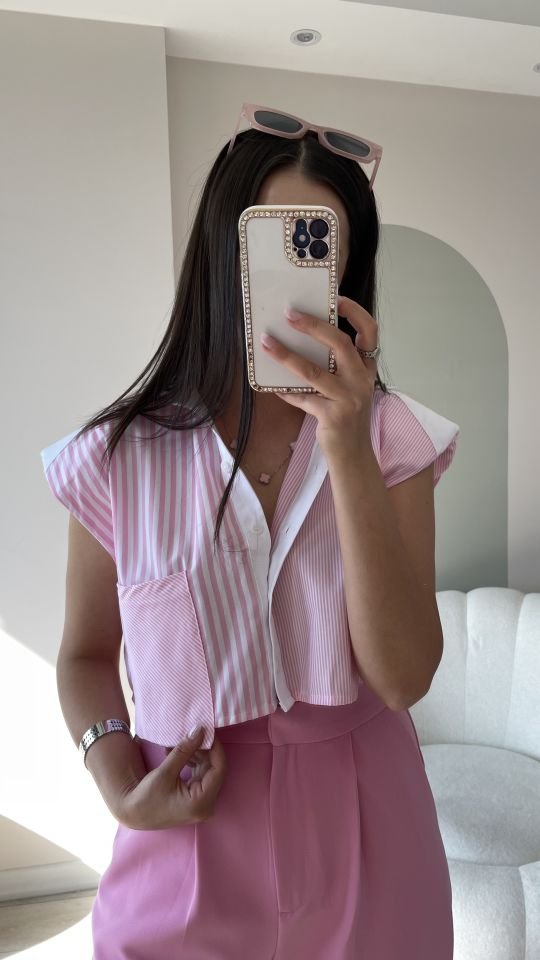Crop Gömlek Cep Detaylı Pembe