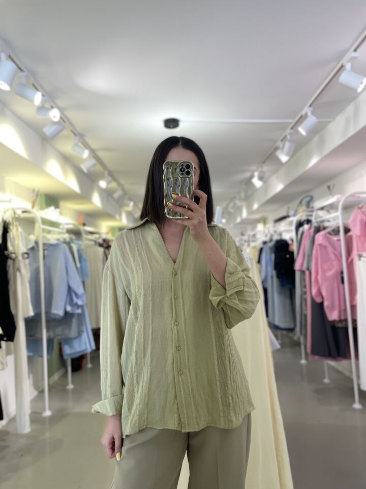 Transparan Detaylı Nakışlı Gömlek Adaçayı Yeşili