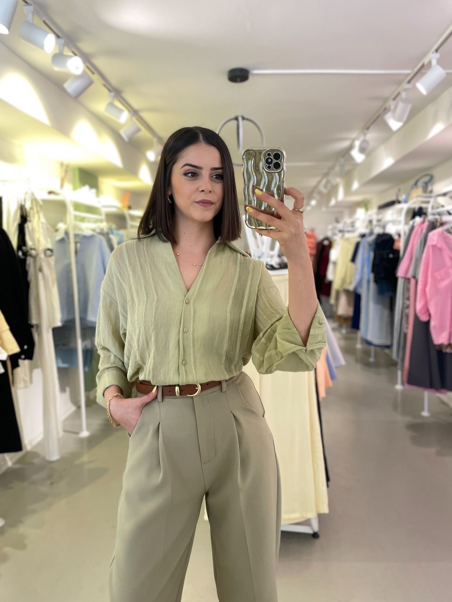 Transparan Detaylı Nakışlı Gömlek Adaçayı Yeşili