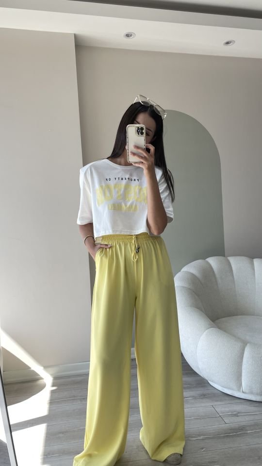 Crop Tshirt Sarı Beyaz
