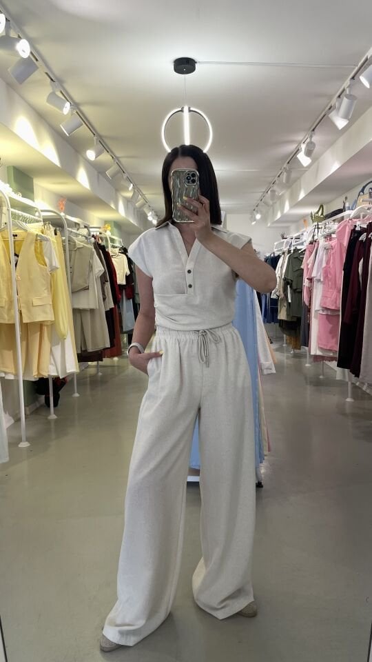 Keten Bluz Pantolon Takım Taş