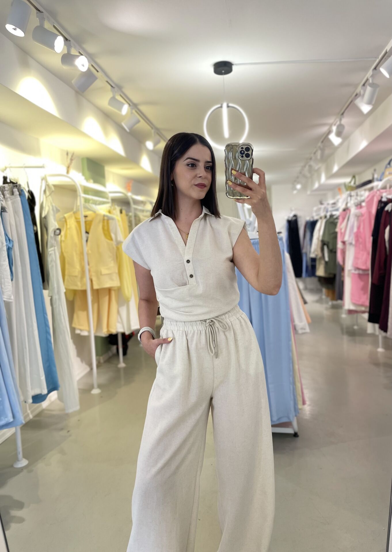 Keten Bluz Pantolon Takım Taş