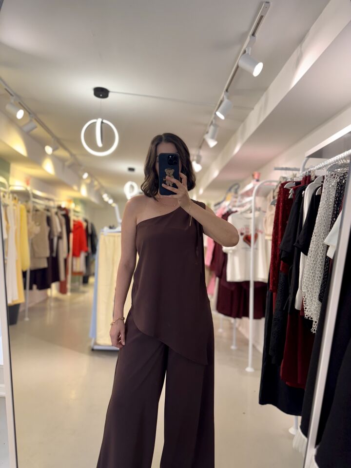 Tek Omuz Bluz Pantolon Takım Kahverengi