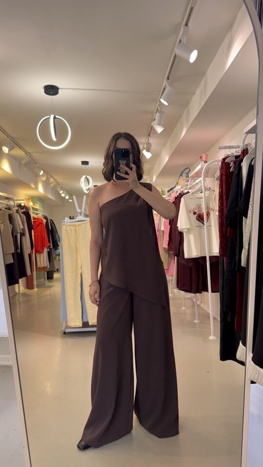 Tek Omuz Bluz Pantolon Takım Kahverengi