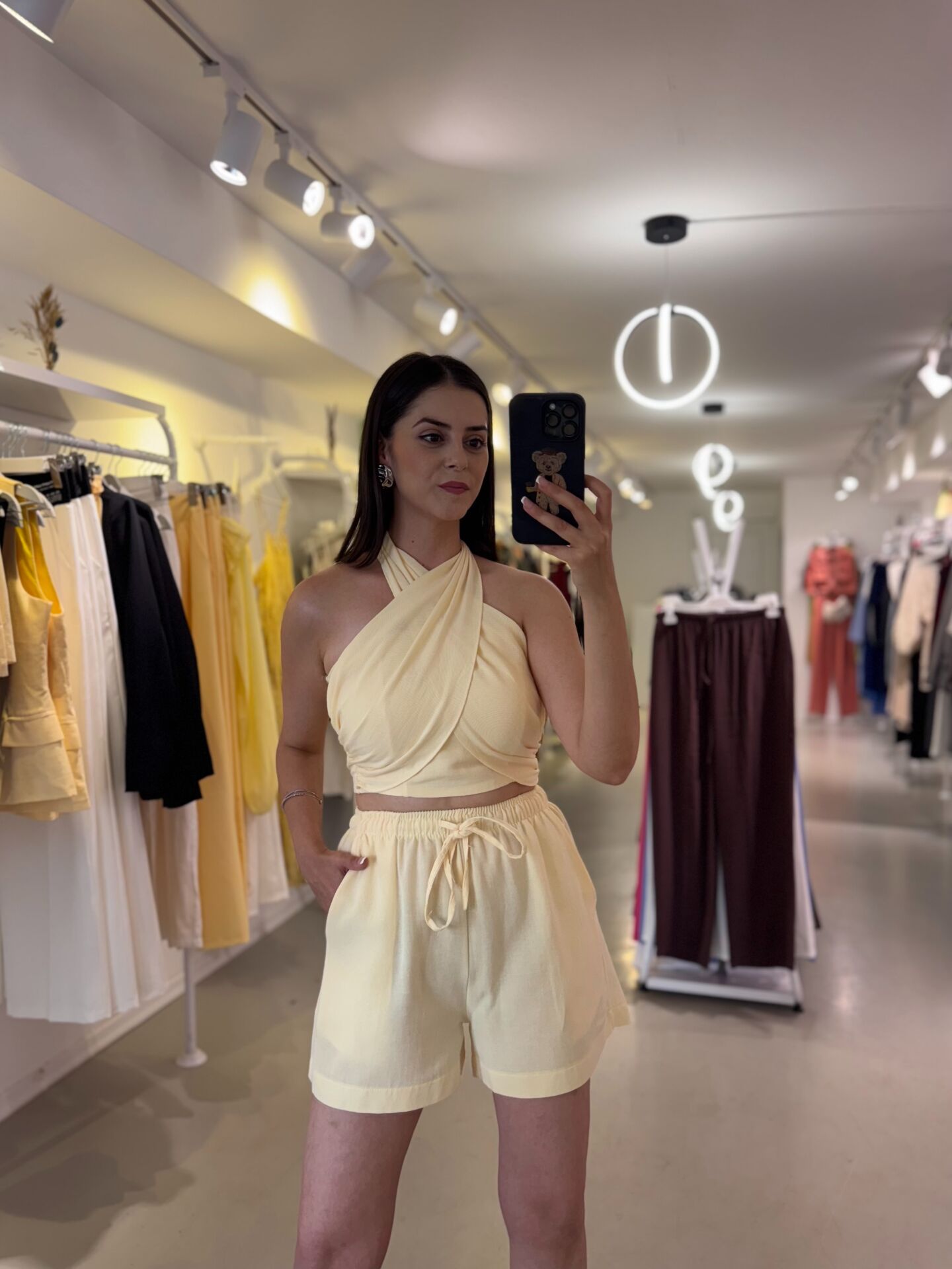 Boyundan Bağlamalı Keten Takım Sarı