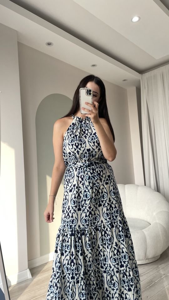 Halter Yaka Desenli Elbise
