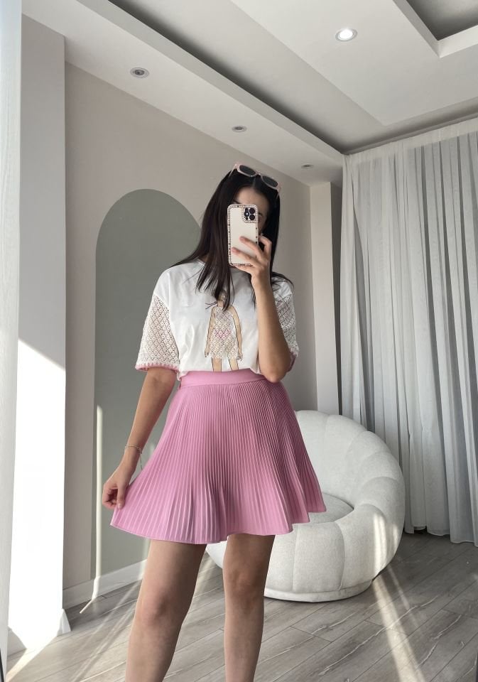 Pileli İçi Şortlu Etek Pembe