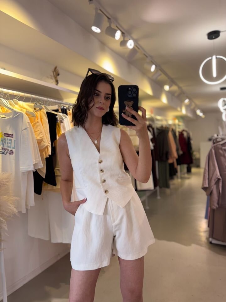 Çizgili Yelek Şort Takım Beyaz