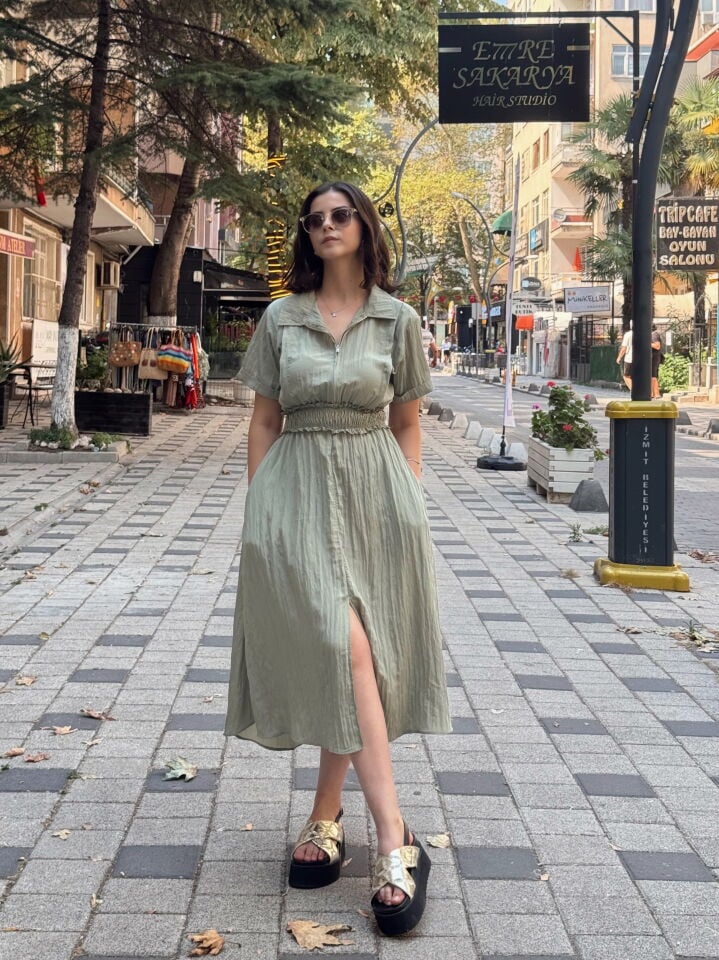 Bel Gipe Detaylı Kırışık Dokulu Elbise Haki