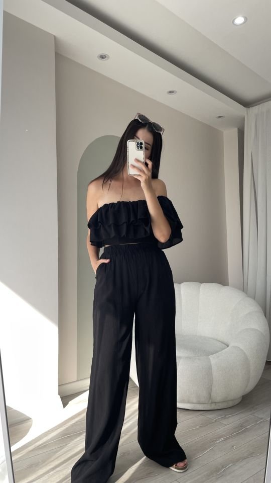 Siyah Bluz Pantolon Müslin Takım