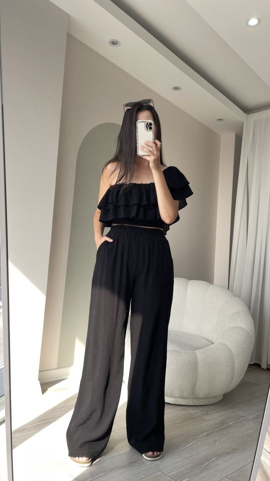 Siyah Bluz Pantolon Müslin Takım