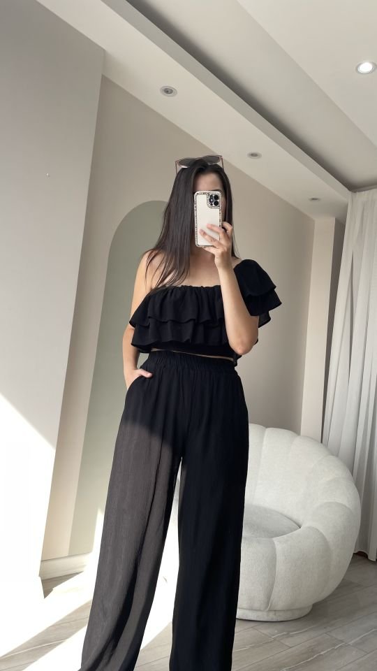 Siyah Bluz Pantolon Müslin Takım
