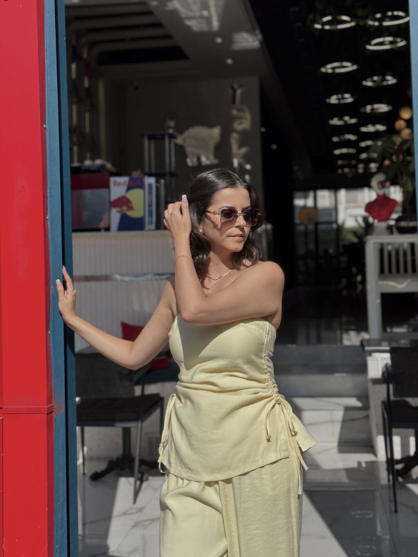 Straplez Bluz Pantolon Takım Sarı