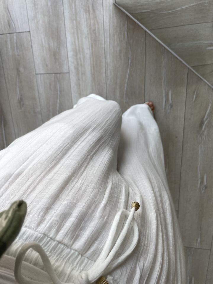 Beli Lastikli Bol Paça Pantolon Beyaz