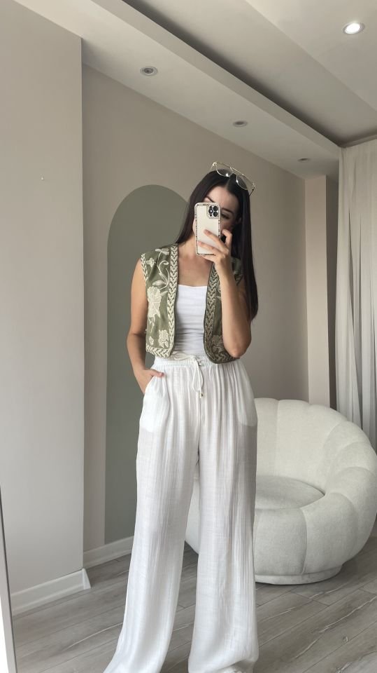 Beli Lastikli Bol Paça Pantolon Beyaz