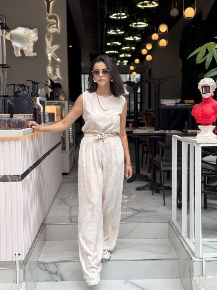Bağcık Detaylı Bluz Pantolon Takım Taş