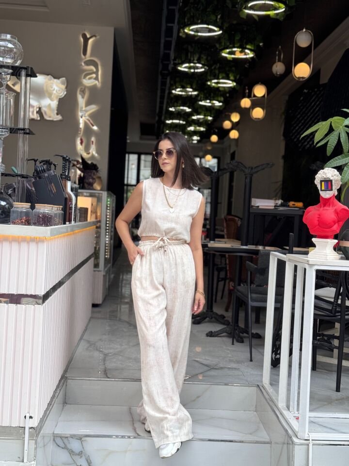 Bağcık Detaylı Bluz Pantolon Takım Taş