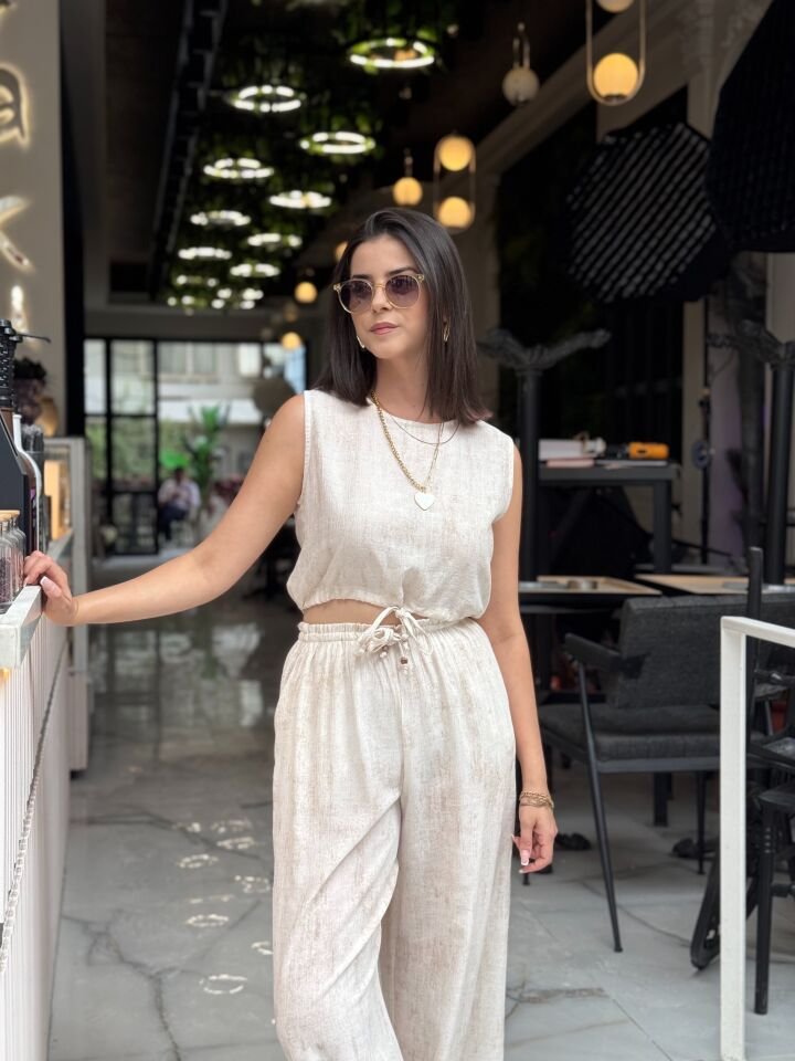 Bağcık Detaylı Bluz Pantolon Takım Taş