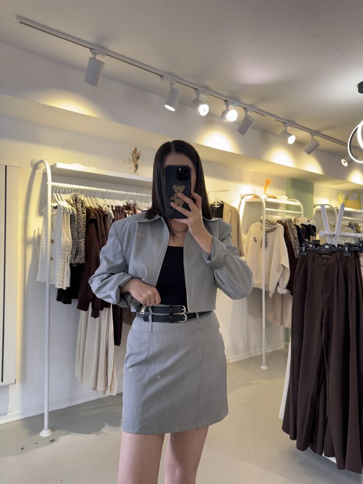 Fermuarlı Ceket Etek Takım Gri