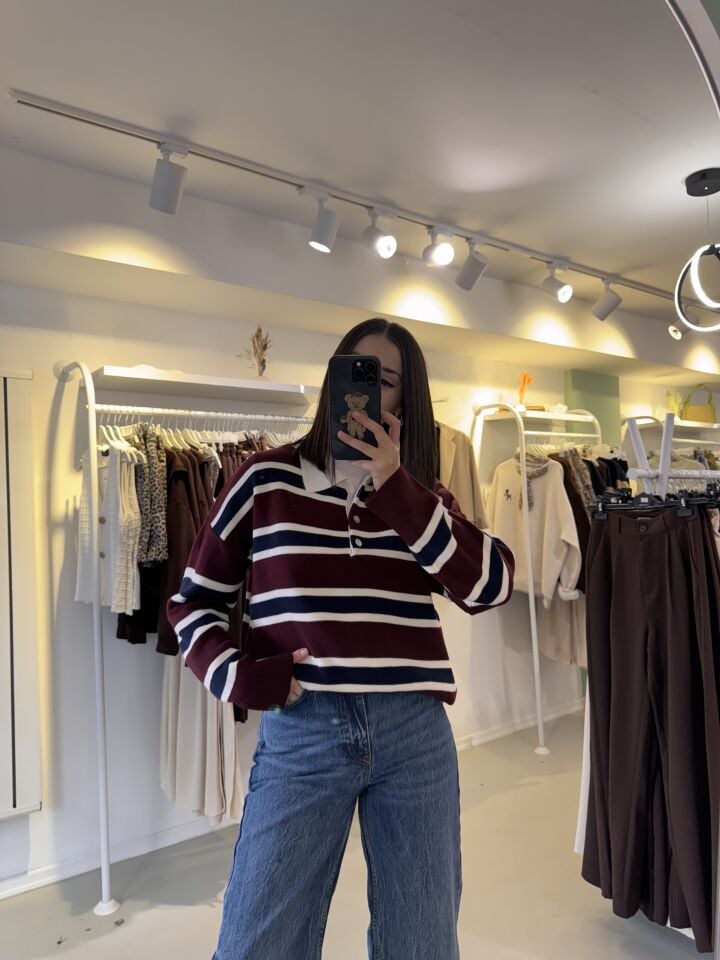 Polo Yaka Kazak Bordo Krem