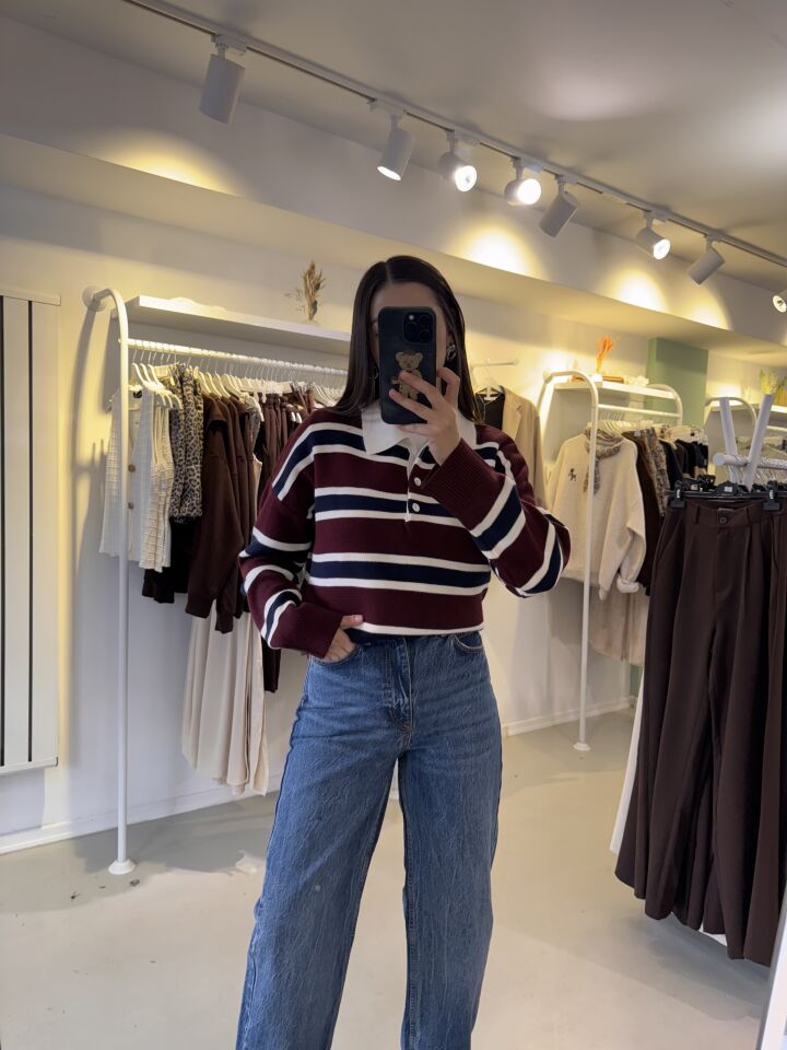 Polo Yaka Kazak Bordo Krem