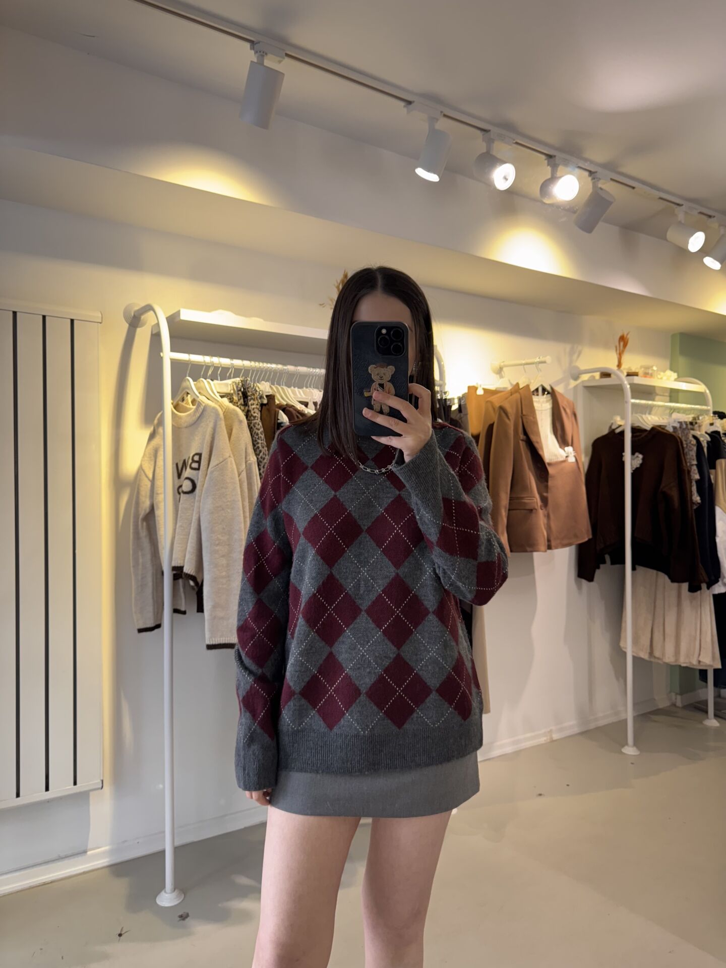 Baklava Desenli Kazak Bordo Gri