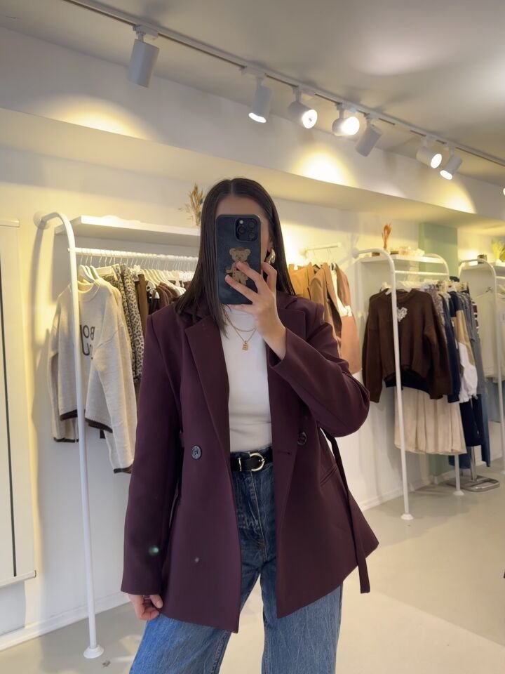 Yandan Kuşaklı Blazer Ceket Mürdüm