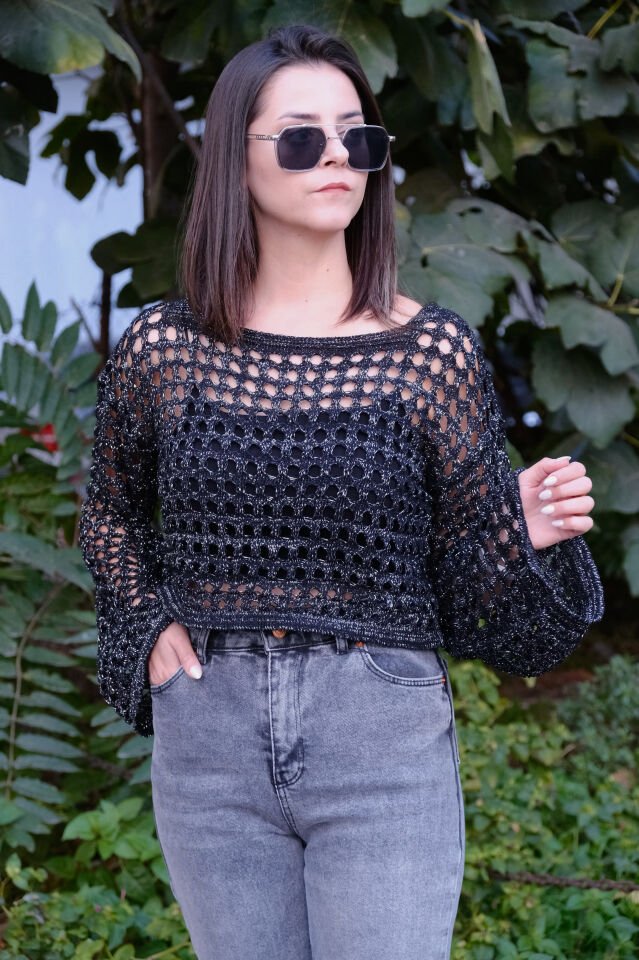 Simli Crop Triko Siyah