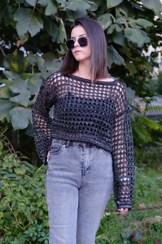 Simli Crop Triko Siyah