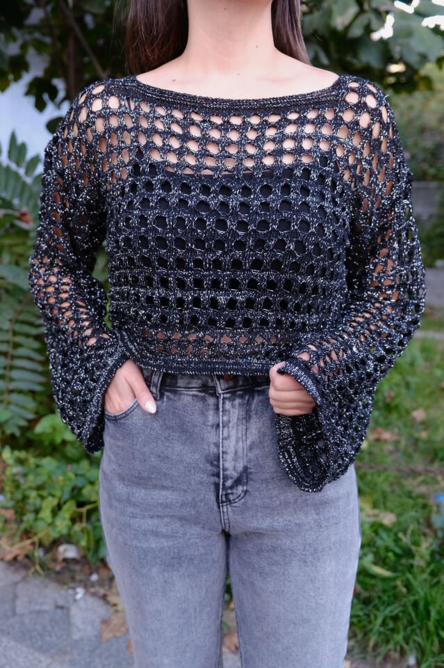 Simli Crop Triko Siyah