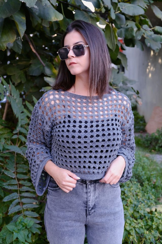 Simli Crop Triko Gri