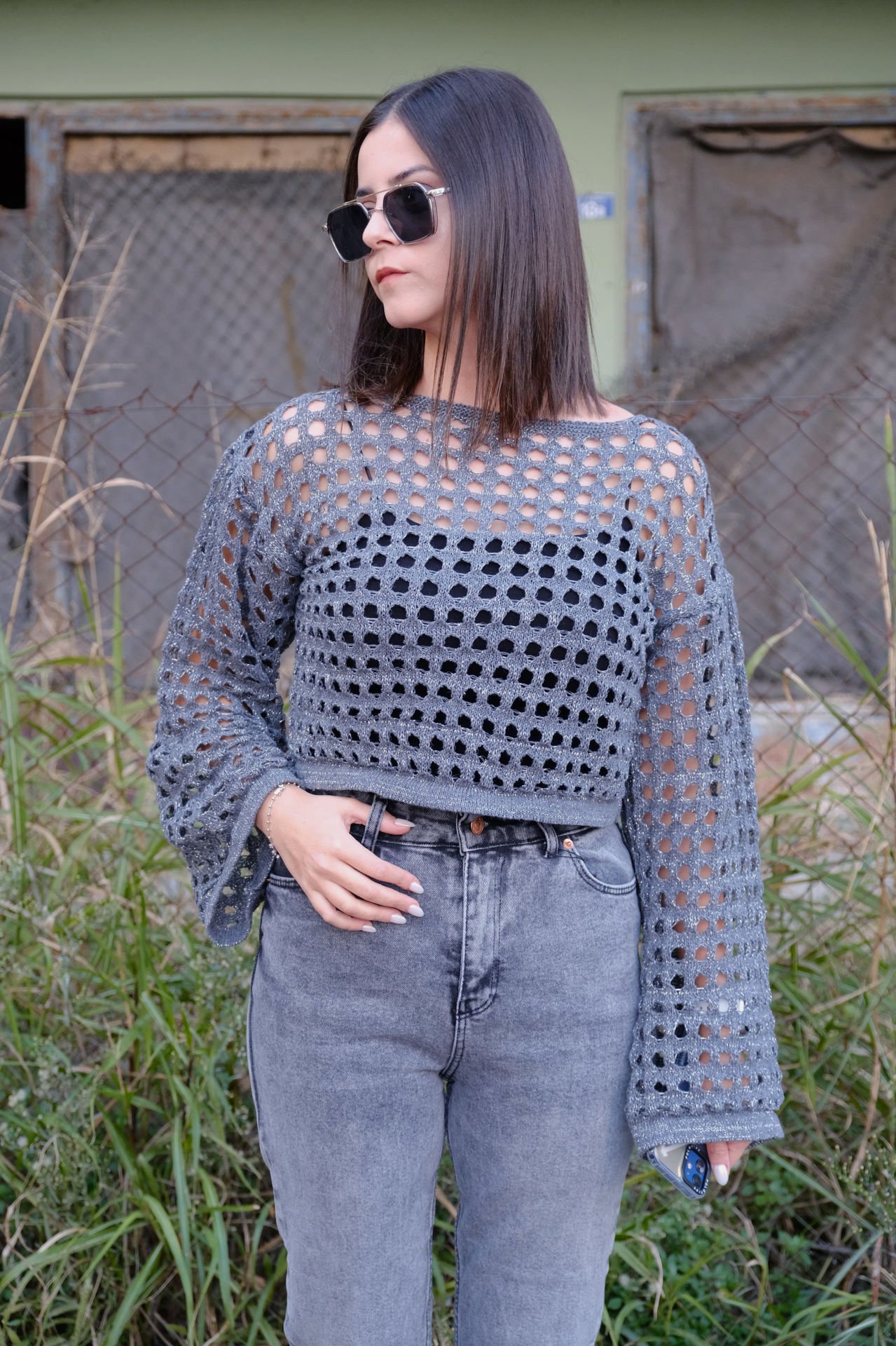 Simli Crop Triko Gri