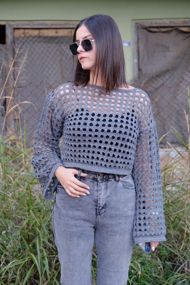 Simli Crop Triko Gri