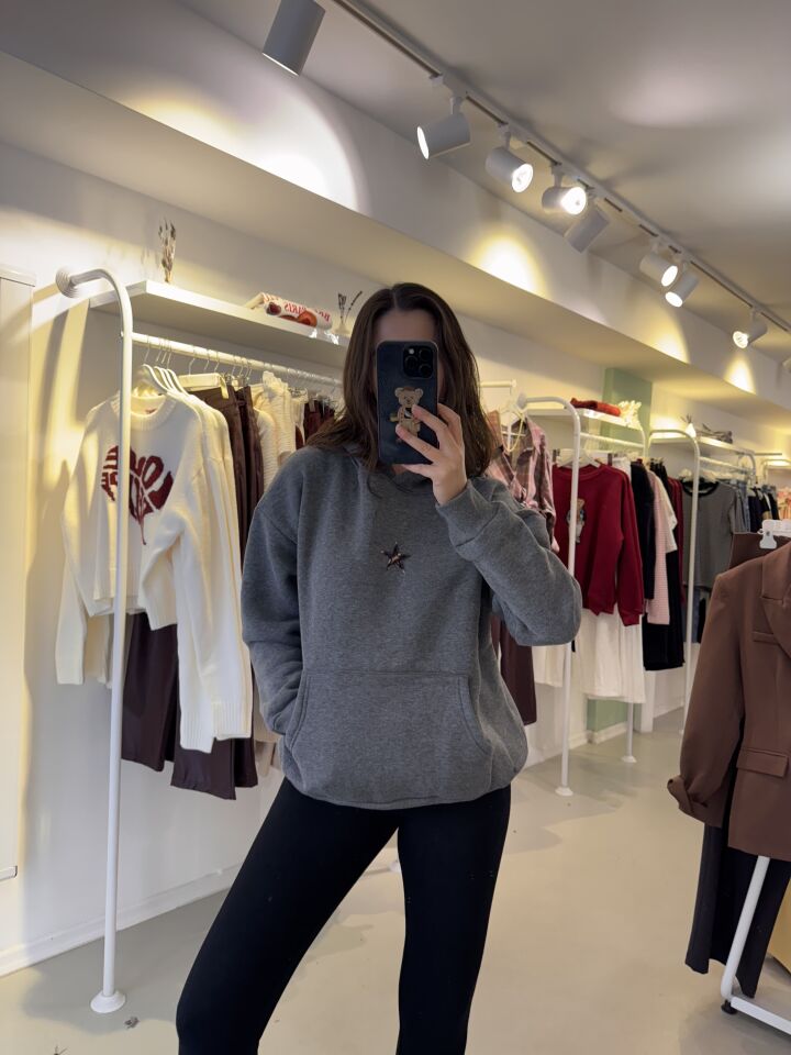 Sırtı Yıldız Detaylı Kapüşonlu Sweatshirt Antrasit